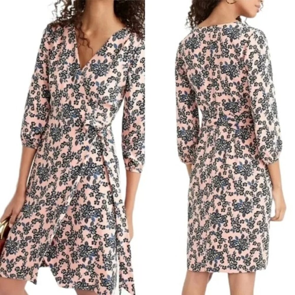 J. CREW Floral Crepe Wrap Dress Size 0 Rose Pink and Blue Long Sleeves